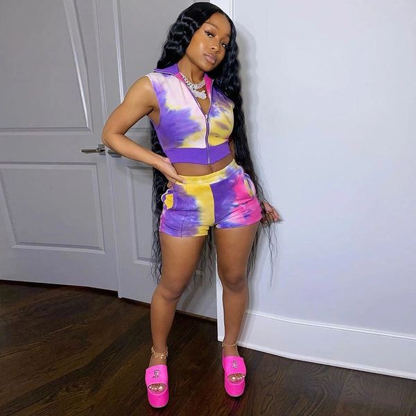 Women Tye Dye Sleeveless Lapel Zipper Top And Shorts 2 PC Set