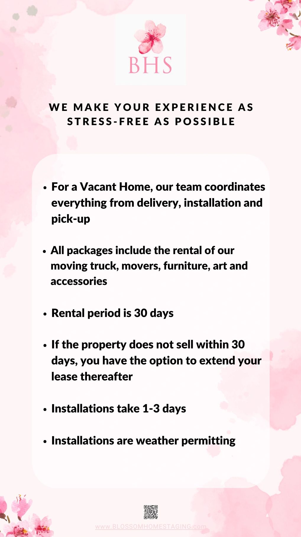 Blossom Homestaging offers stress-free vacant home staging with delivery, installation, and flexible rental options.