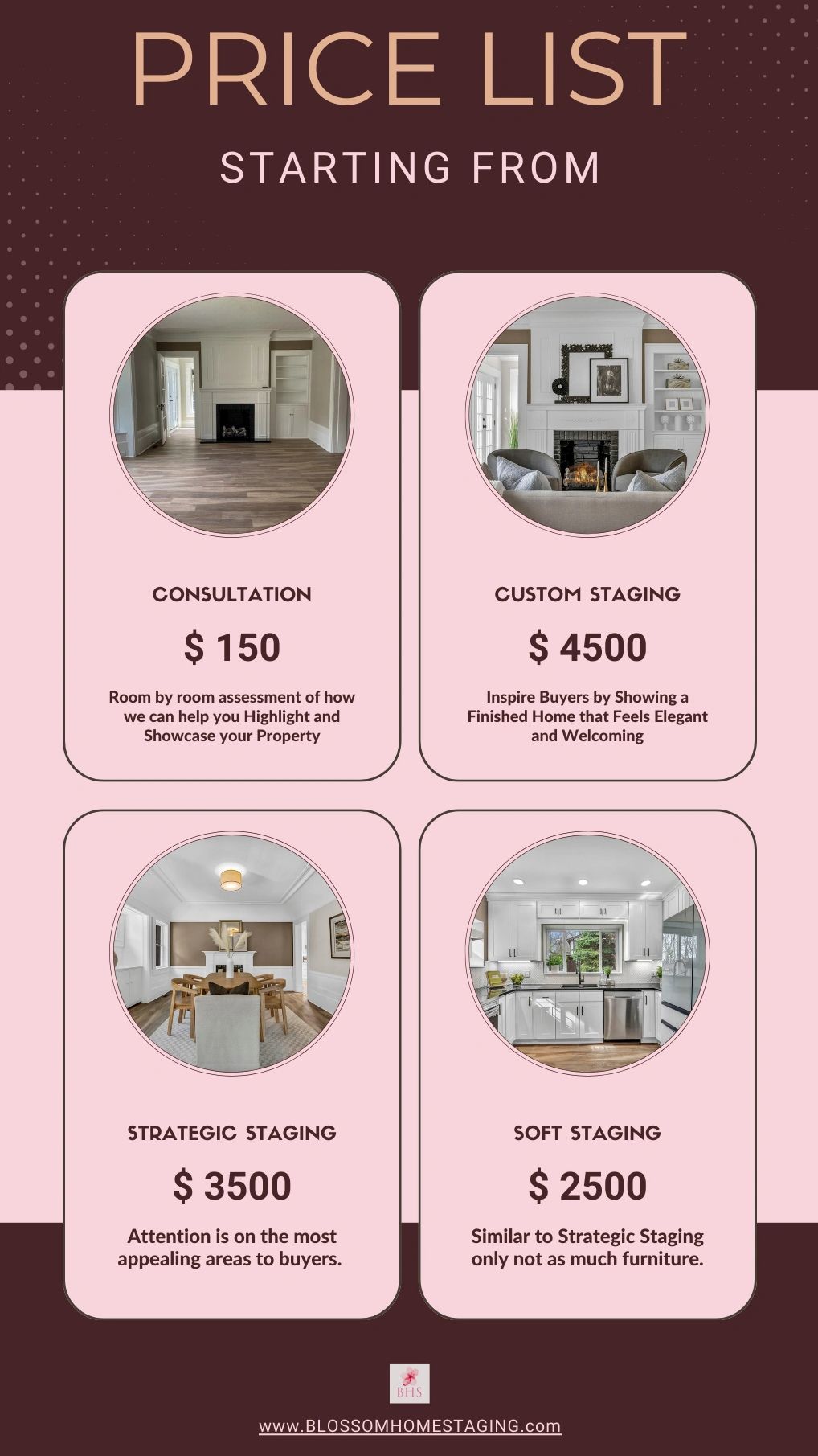 Price list for home staging services with consultation and various staging options.