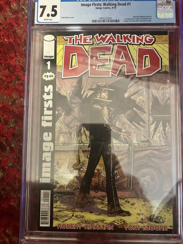 Cover of The Walking Dead #1 comic with a sheriff standing in a broken window.