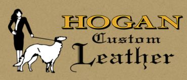 Logo with a stylish woman, dog, and text 'HOGAN Custom Leather'.