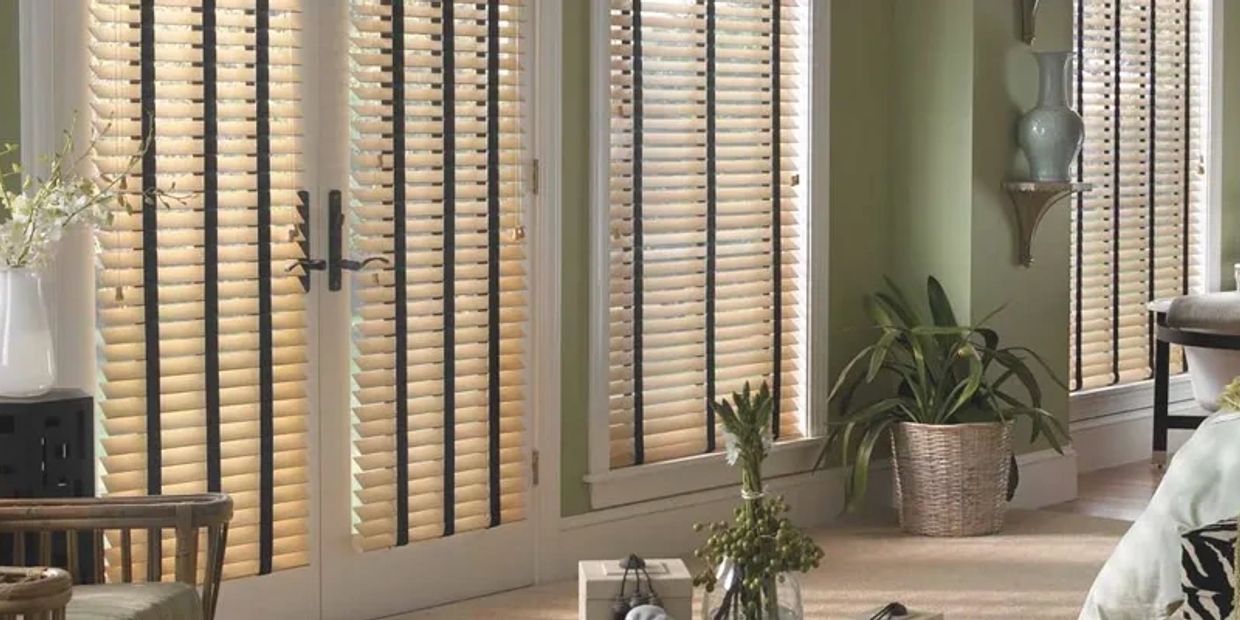 Sunlit room with wooden blinds and green plants.