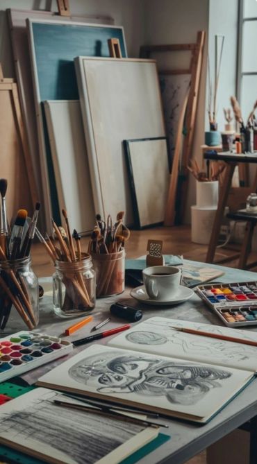 Art supplies and sketches in a cozy studio.