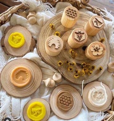 Handcrafted wooden bee-themed playdough stamps—perfect for creative, sensory play!