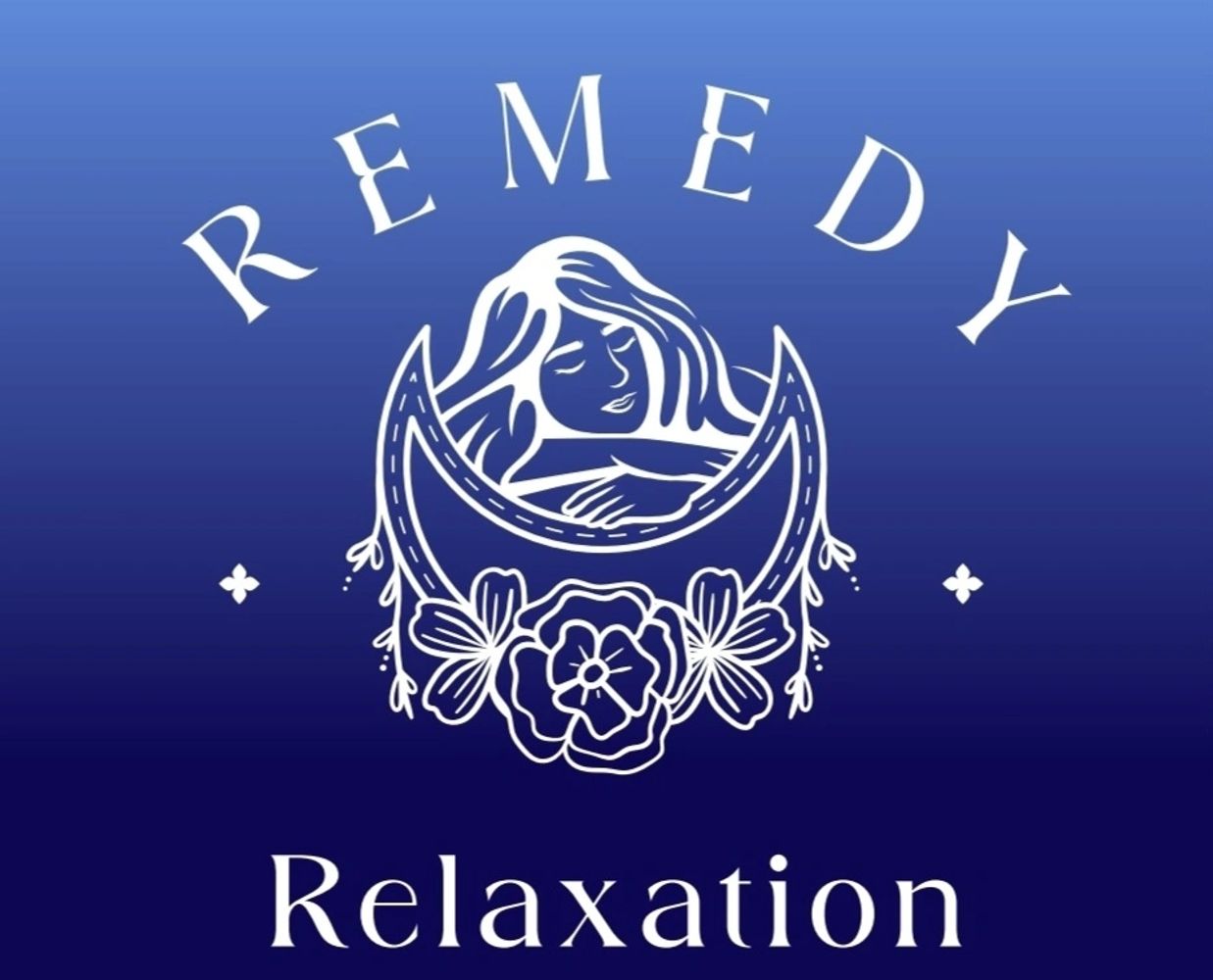 Elegant logo with a serene woman, crescent moon, and floral design symbolizing remedy and relaxation.