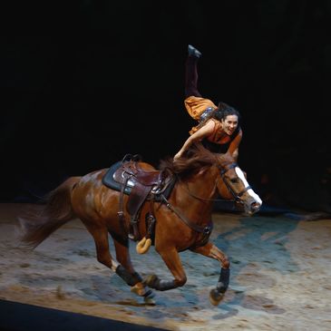 A female performing acrobatics on a galloping horse