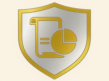 Gold and silver shield emblem with a document and pie chart icon, symbolizing financial reporting, nonprofit accounting, and data-driven decision-making. Keywords: bookkeeping plans, donor management services, nonprofit financial management.
