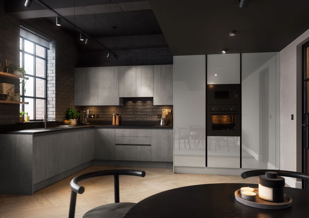 Modern kitchen with gray cabinetry, black brick backsplash, and sleek appliances under soft lighting.