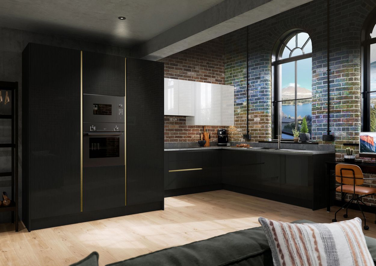 Modern kitchen with black cabinets and brick walls, featuring arched windows and a scenic outdoor view.