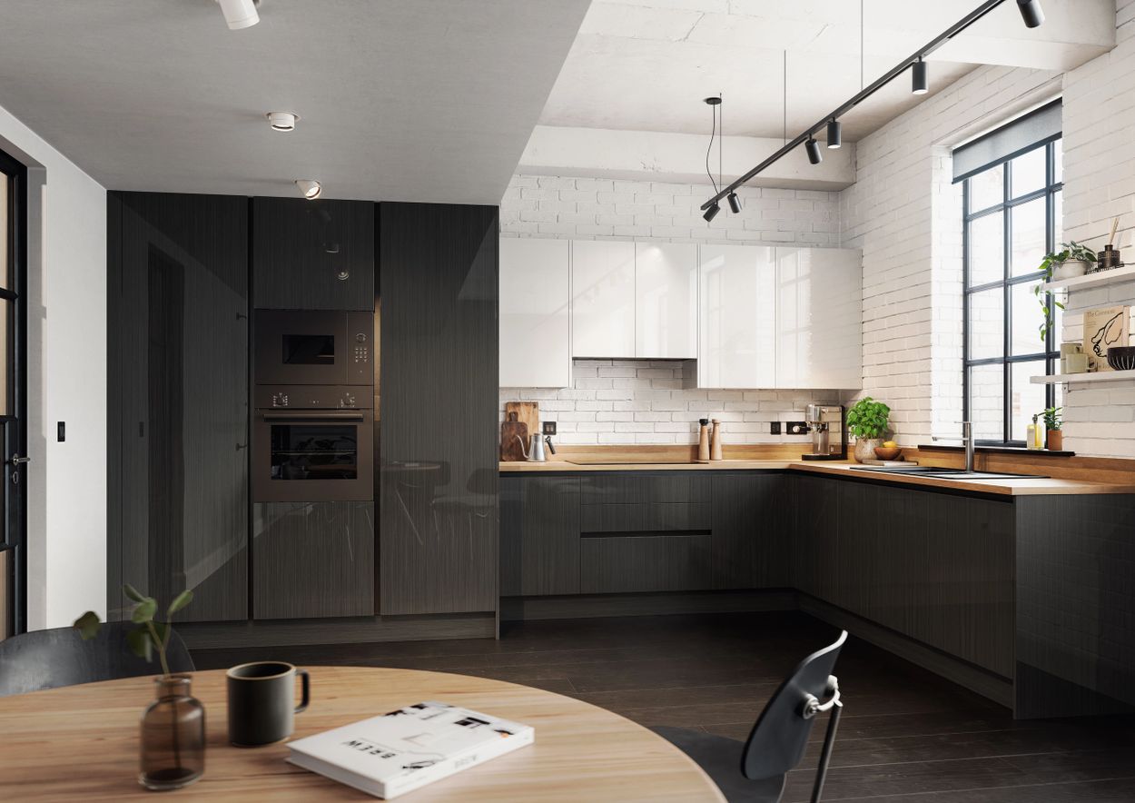 Modern kitchen with dark wood cabinets and white brick walls.
