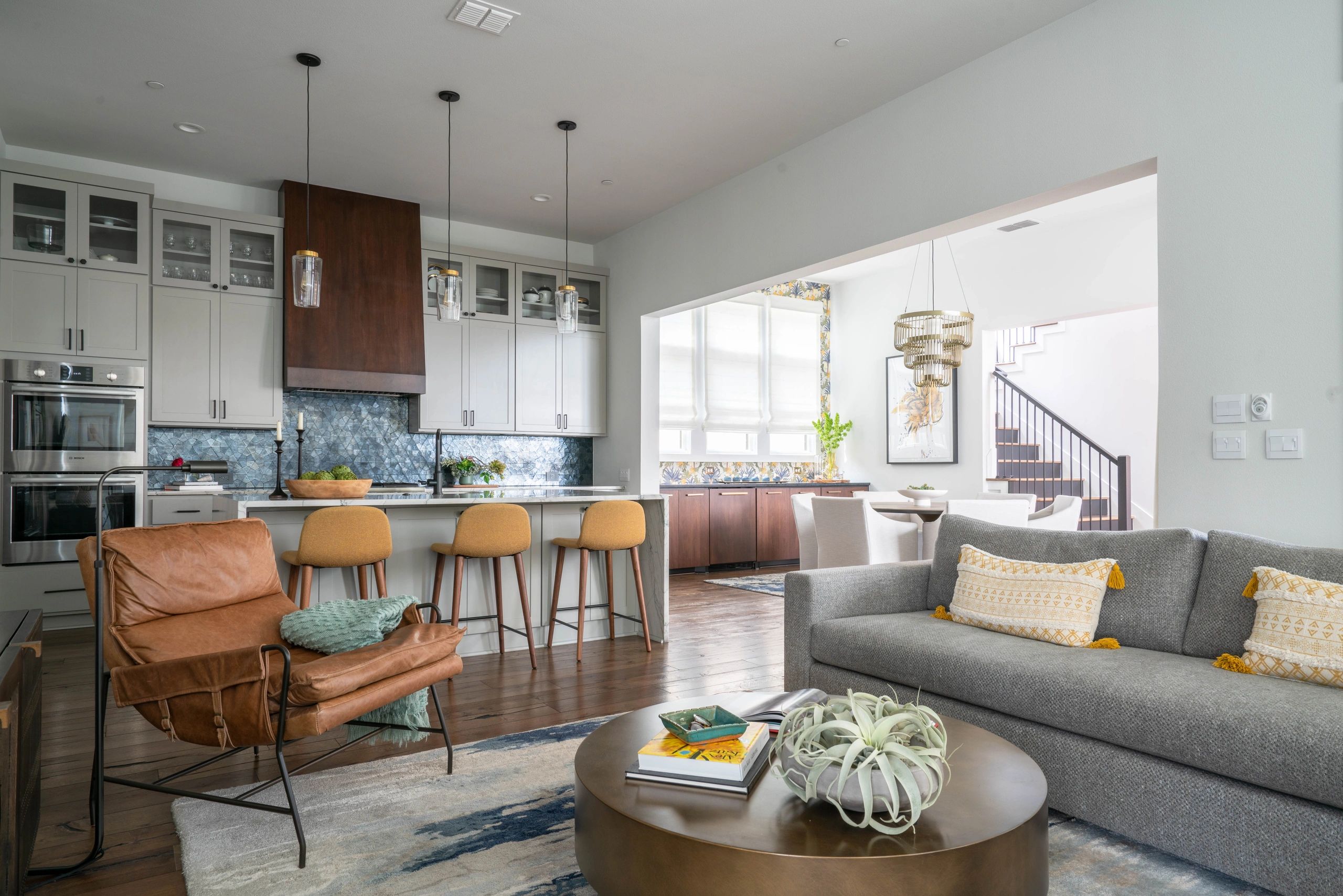 Interior design image of living room furnishings and kitchen remodel 