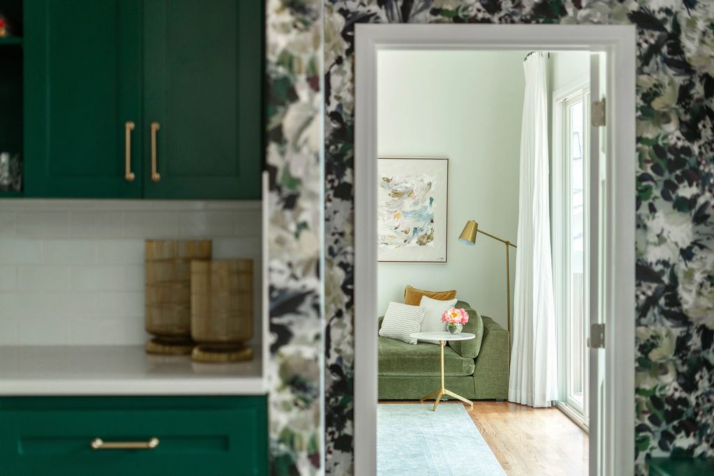 Primary suite remodel in Austin, TX. Custom reading nook, mini bar,  wallpaper, marble tile bathroom