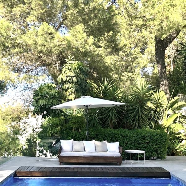 a sofa at the end of a blue pool with plenty of greenery around