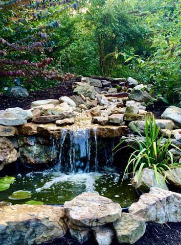 A creek following along a rock bed, flowing over into a pond. 