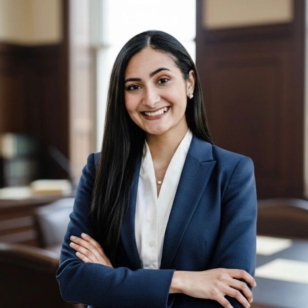 Confident professional woman in a navy blazer smiling with arms crossed.