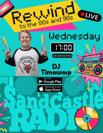 Promotional poster for a live 80s and 90s rewind radio show with DJ Timewarp.