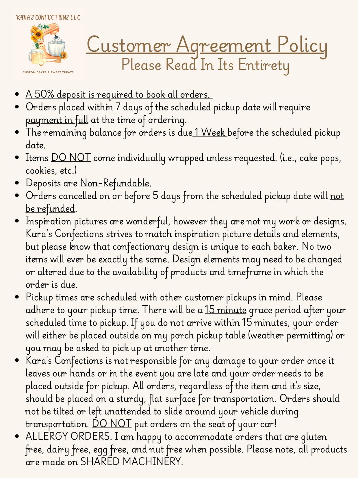 Customer agreement policy for Kara's Confections with deposit and pickup details.