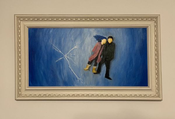 Painting of two faceless figures in winter clothes on a blue background.