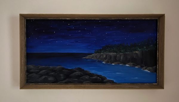 Nighttime seaside painting with stars and cliffs.