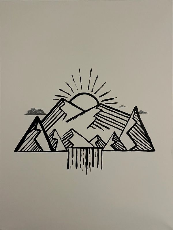 Black and white mountain landscape drawing with sun and waterfall.