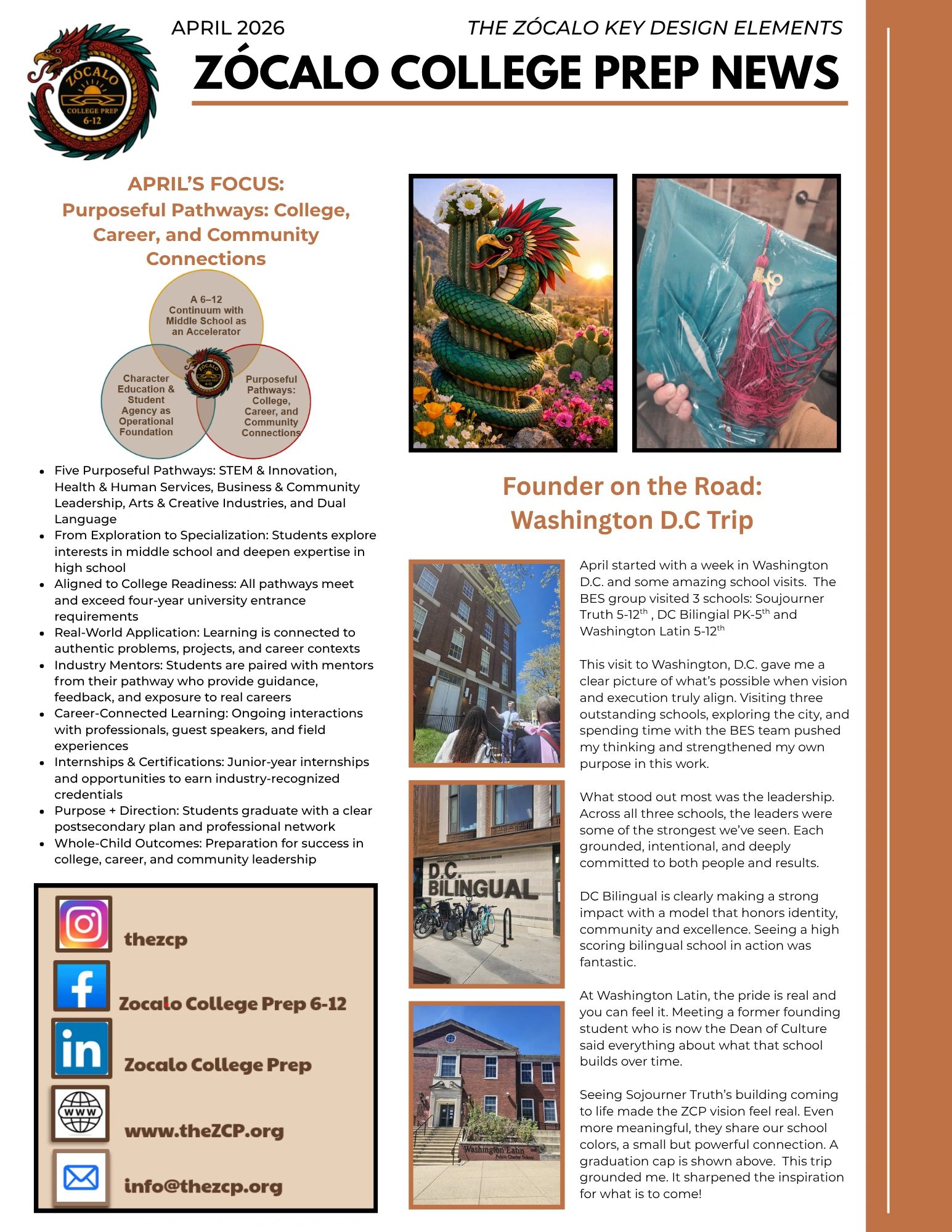 Zócalo College Prep News highlighting purposeful pathways and a Washington D.C trip.