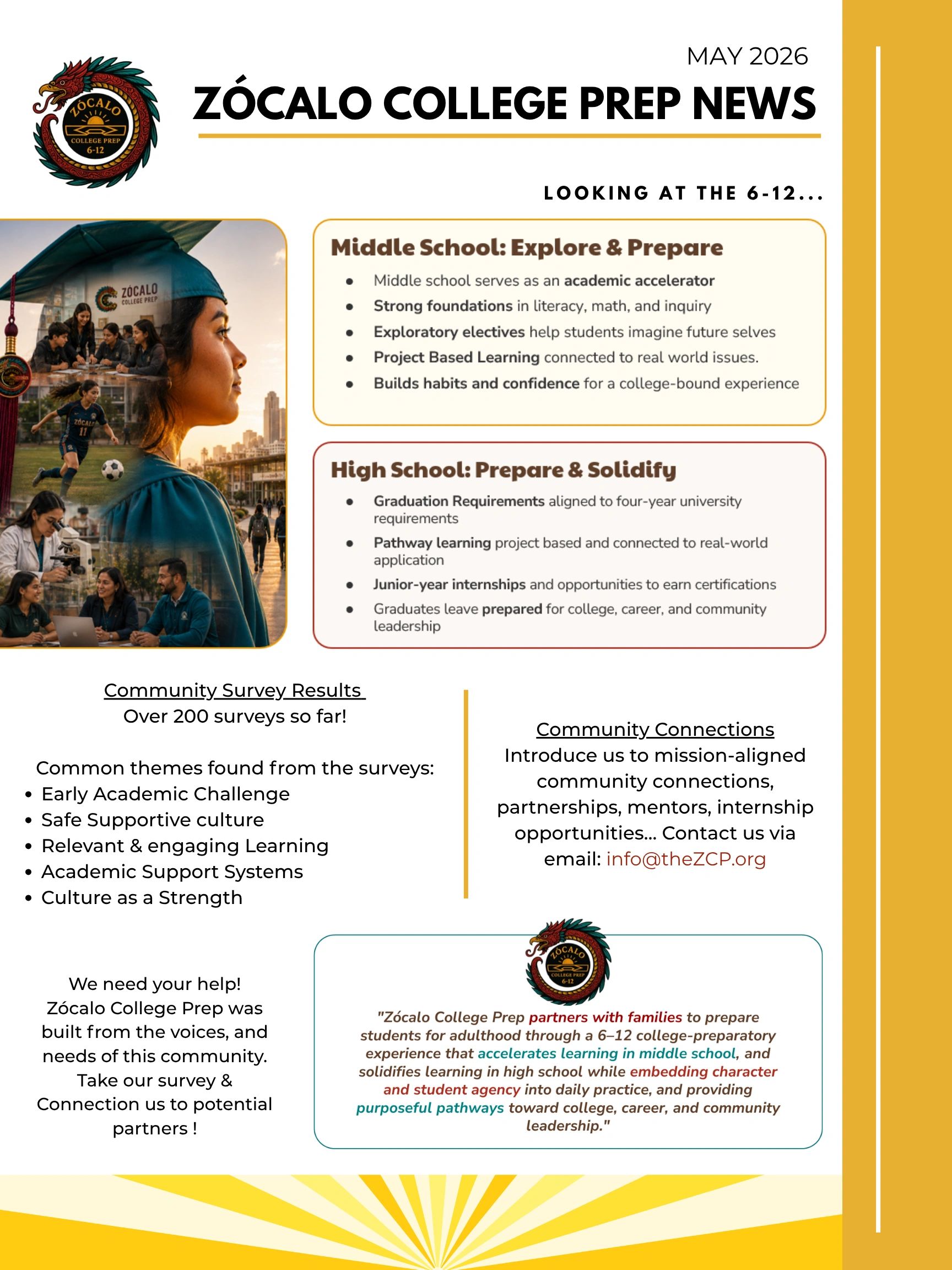 Zócalo College Prep newsletter covers middle and high school programs and community survey results.