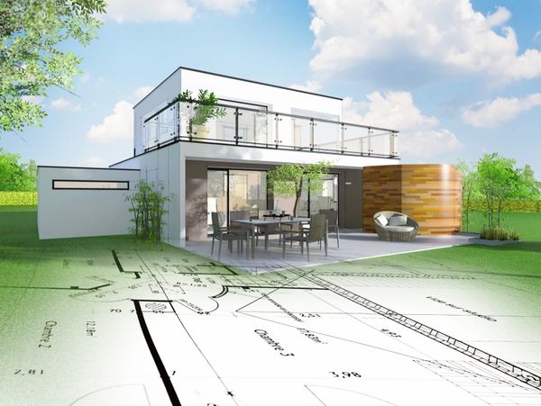 Realistic 3D rendering of a modern house with architect sketch