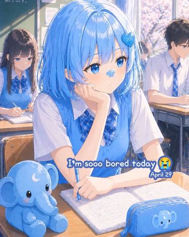 Blue-haired anime girl looks bored in class with elephant-themed accessories.