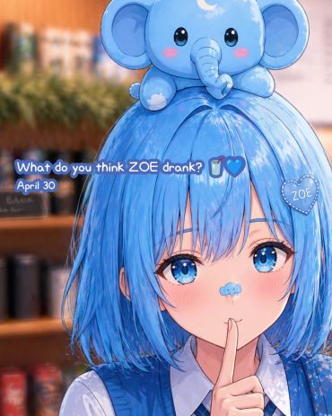 Anime girl with blue hair and a cute blue elephant on her head, shushing quietly.