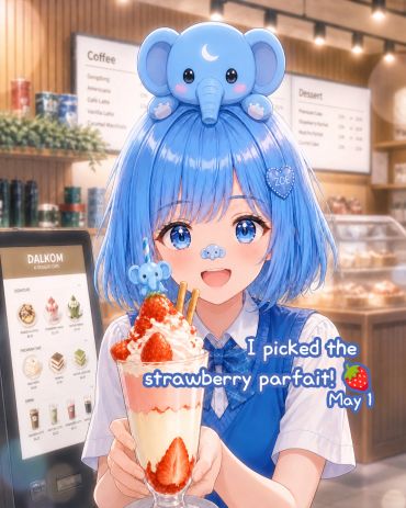 Anime girl with blue hair holding a strawberry parfait in a cafe.