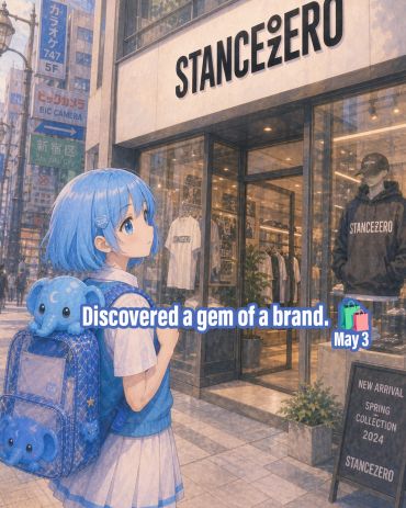 Anime girl with blue hair discovers STANCEZERO store in a lively city.