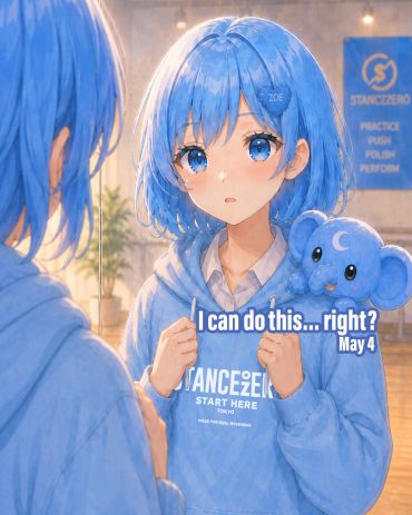 Blue-haired girl nervously faces her reflection, gripping her hoodie with a plush elephant on her shoulder.