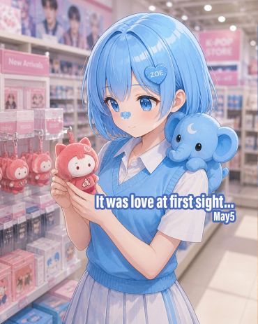 Anime girl with blue hair holding a red plush toy in a K-pop store.
