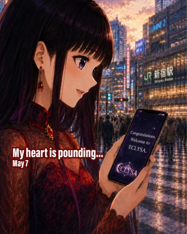 Anime girl smiles holding phone showing welcome to ECLYSA message in vibrant cityscape.