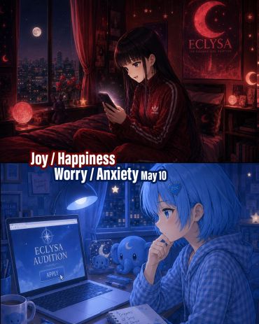 Two girls experiencing joy and anxiety about an audition, depicted in warm red and cool blue tones.