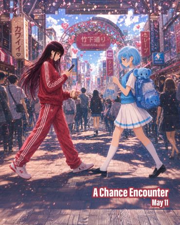Two girls crossing paths on Takeshita-dori street in a vibrant city scene.