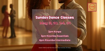 Couple dancing with Sunday dance classes schedule for May in the foreground.