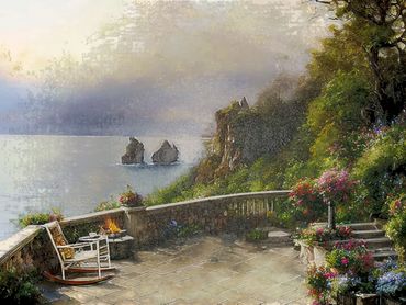 Afternoon rain interrupts a Dreamy day in this Italian Garden by the Sea.  acrylics, water oils, 