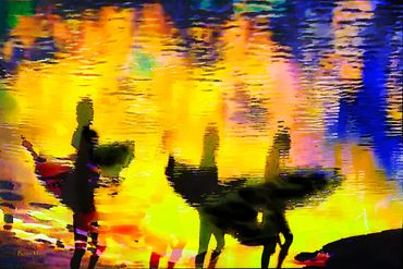 Sunset Surfers Reflections.... Acrylics with bright reflective paint and digital touches