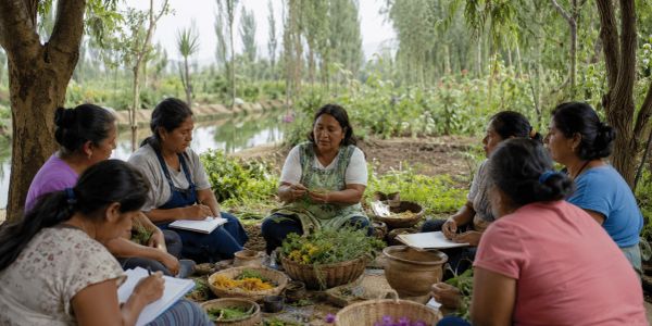Grupo de mejoras cosechando en la chinampa