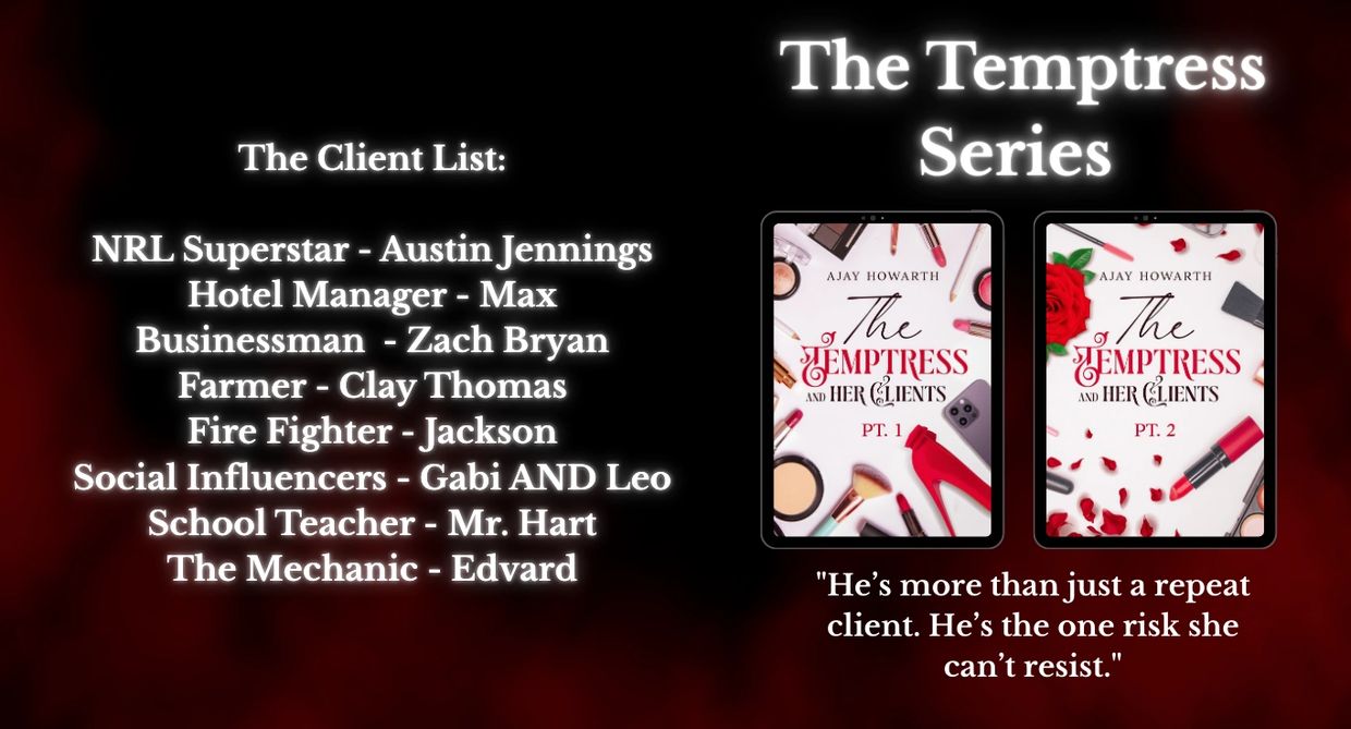 The Temptress romance series with client list and covers for Part 1 and Part 2.