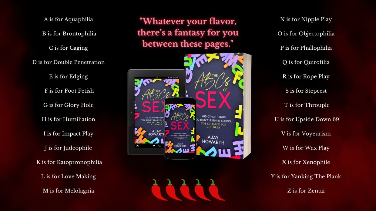 ABCs of Sex book graphic with fantasy list and spicy romance theme.