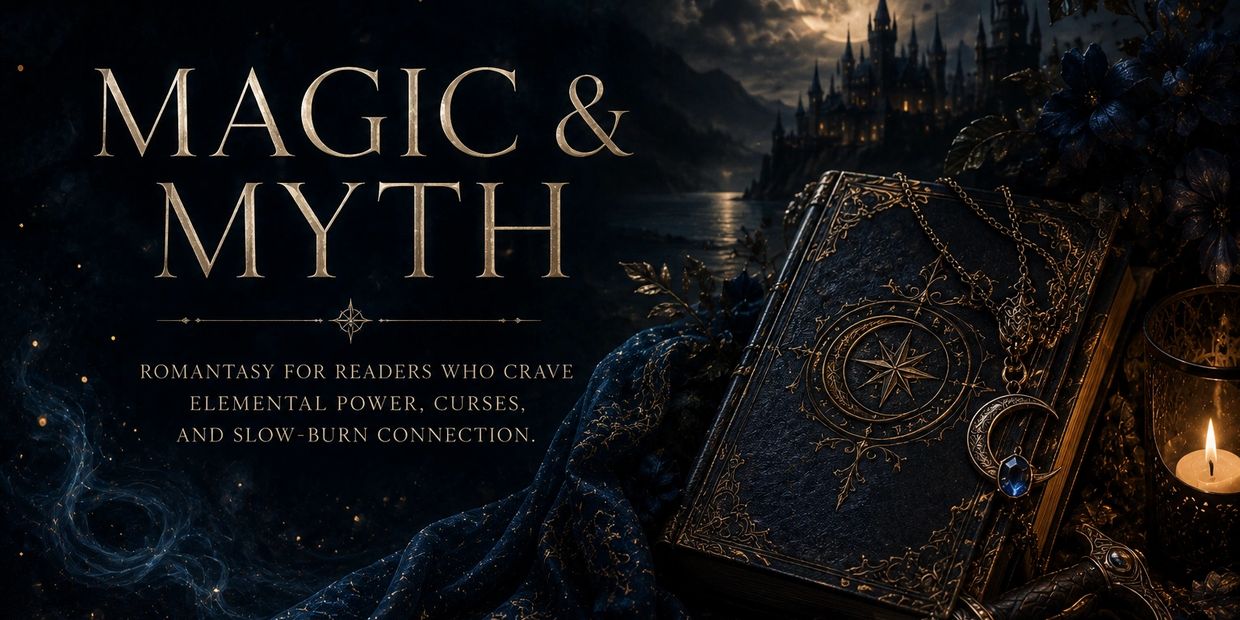 Magic & Myth romance banner featuring elemental power, curses, destiny, and slow-burn connection