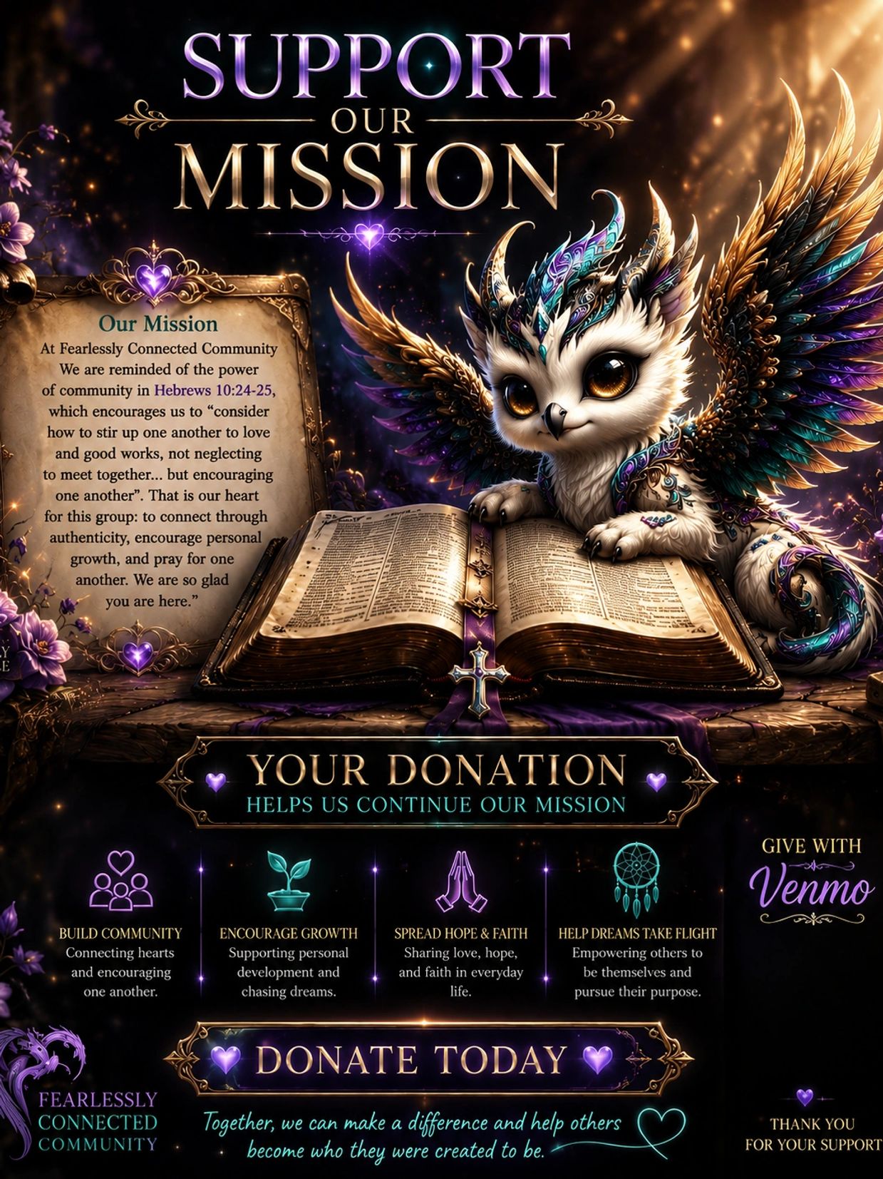 A mystical, winged creature invites support for a community mission through donations.