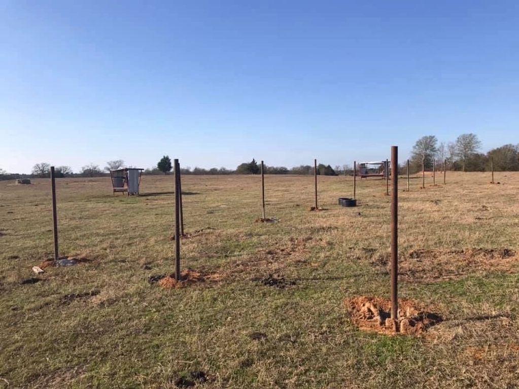 Metal poles installed in a field, likely for fence construction.