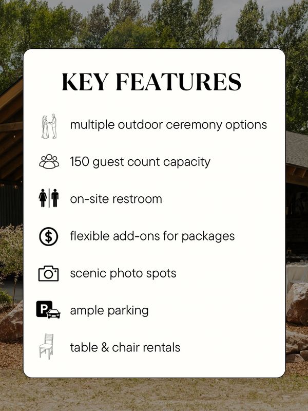 Key features of outdoor event venue with wedding ceremony options, 150 guest capacity, ample parking