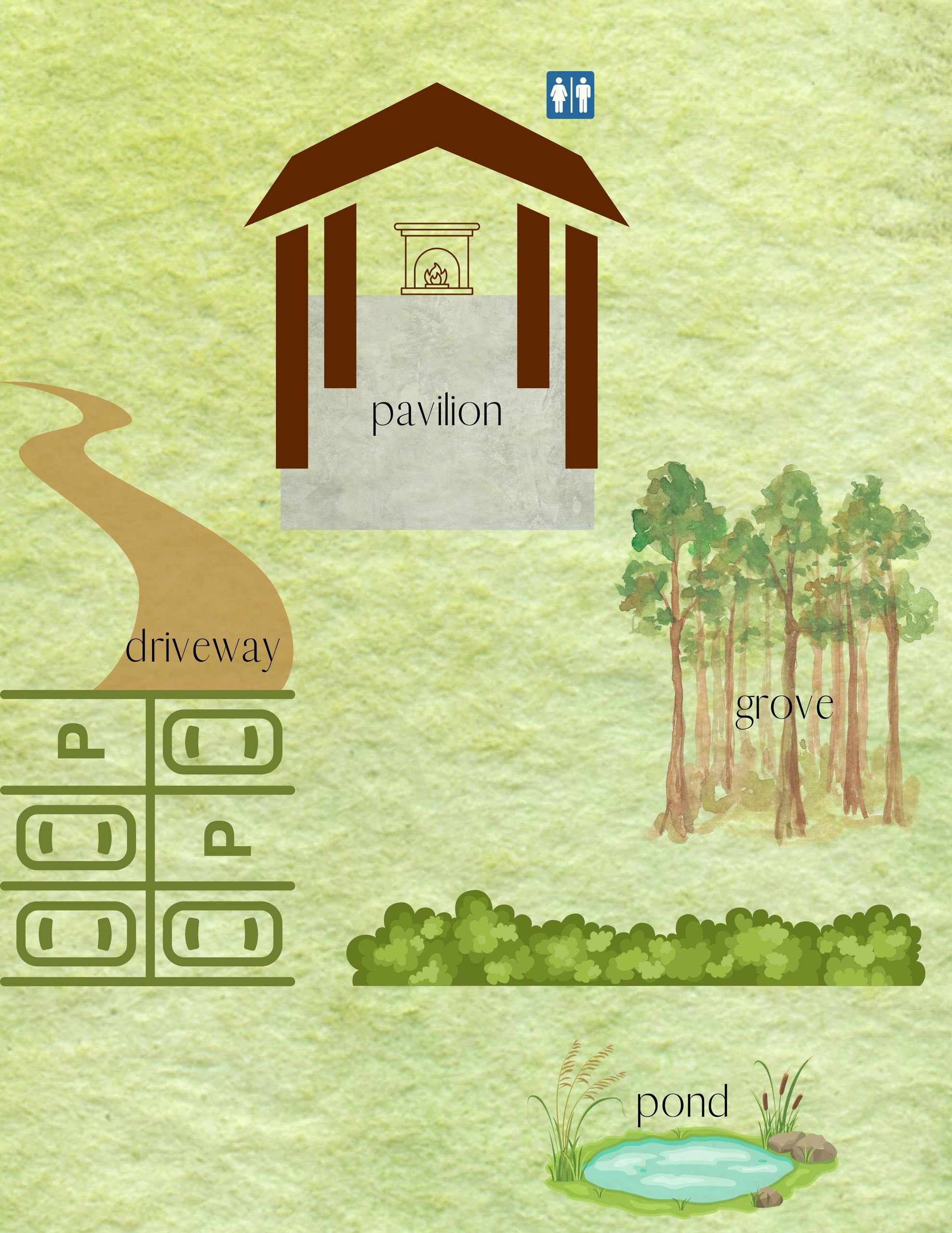 illustrated sketch of wedding venue floor plan in rexburg, idaho. parking, pond, grove, and pavilion
