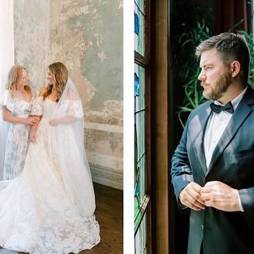 Bride with her bridesmaid and a groom looking out the window.
