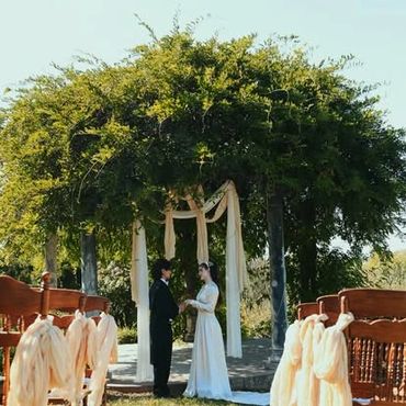 Couple exchanging vows under a lush green arch at an outdoor wedding.