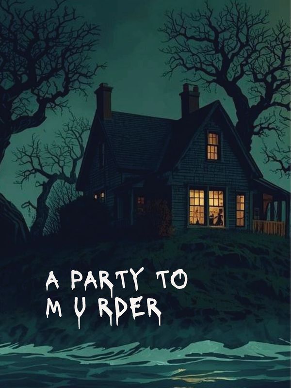 Dark house with eerie trees and the text 'A Party to Murder' glowing ominously.